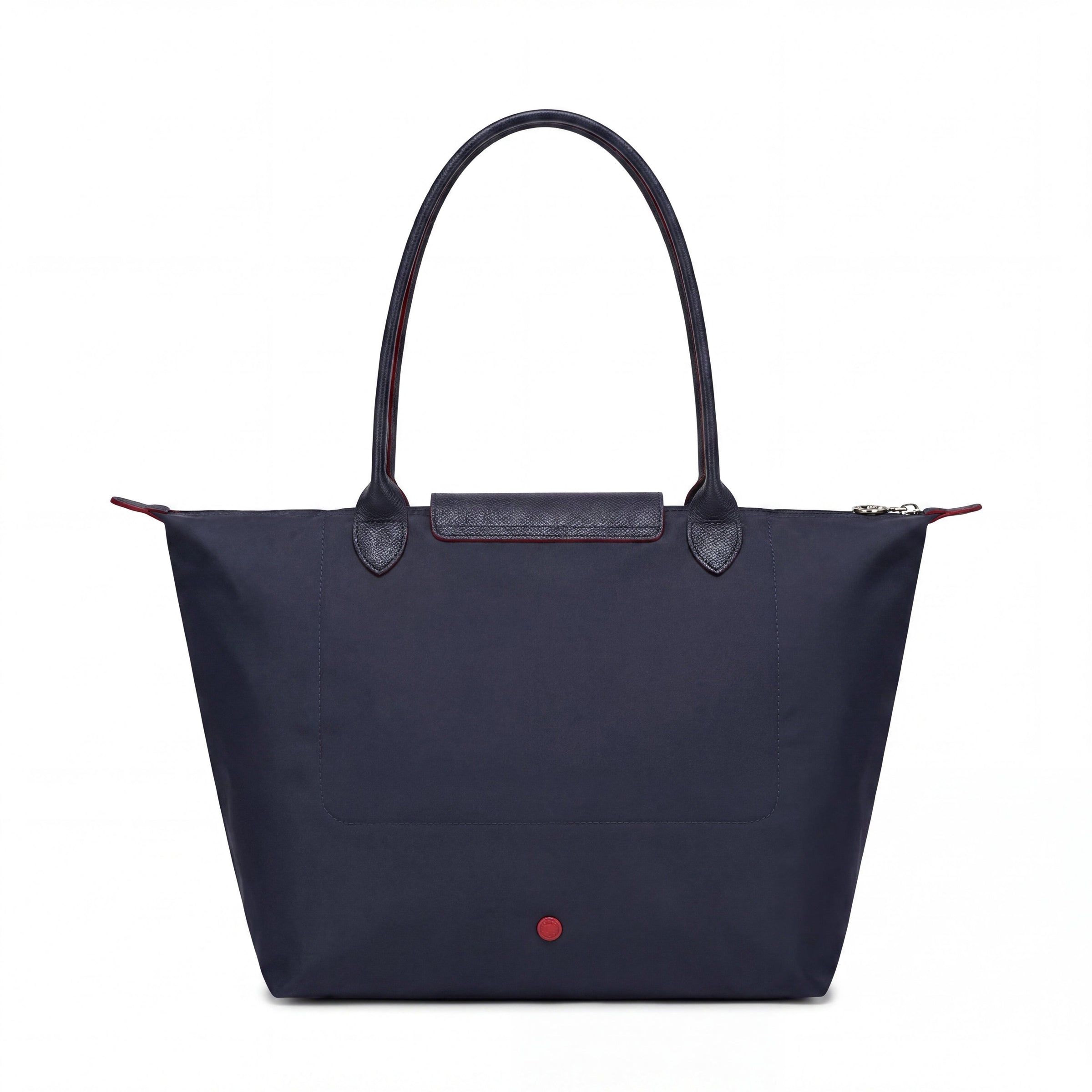 Cabas pliable en nylon à détails cuir Grand Sac Bleu Marine, porté à l’épaule – Valloro Paris
