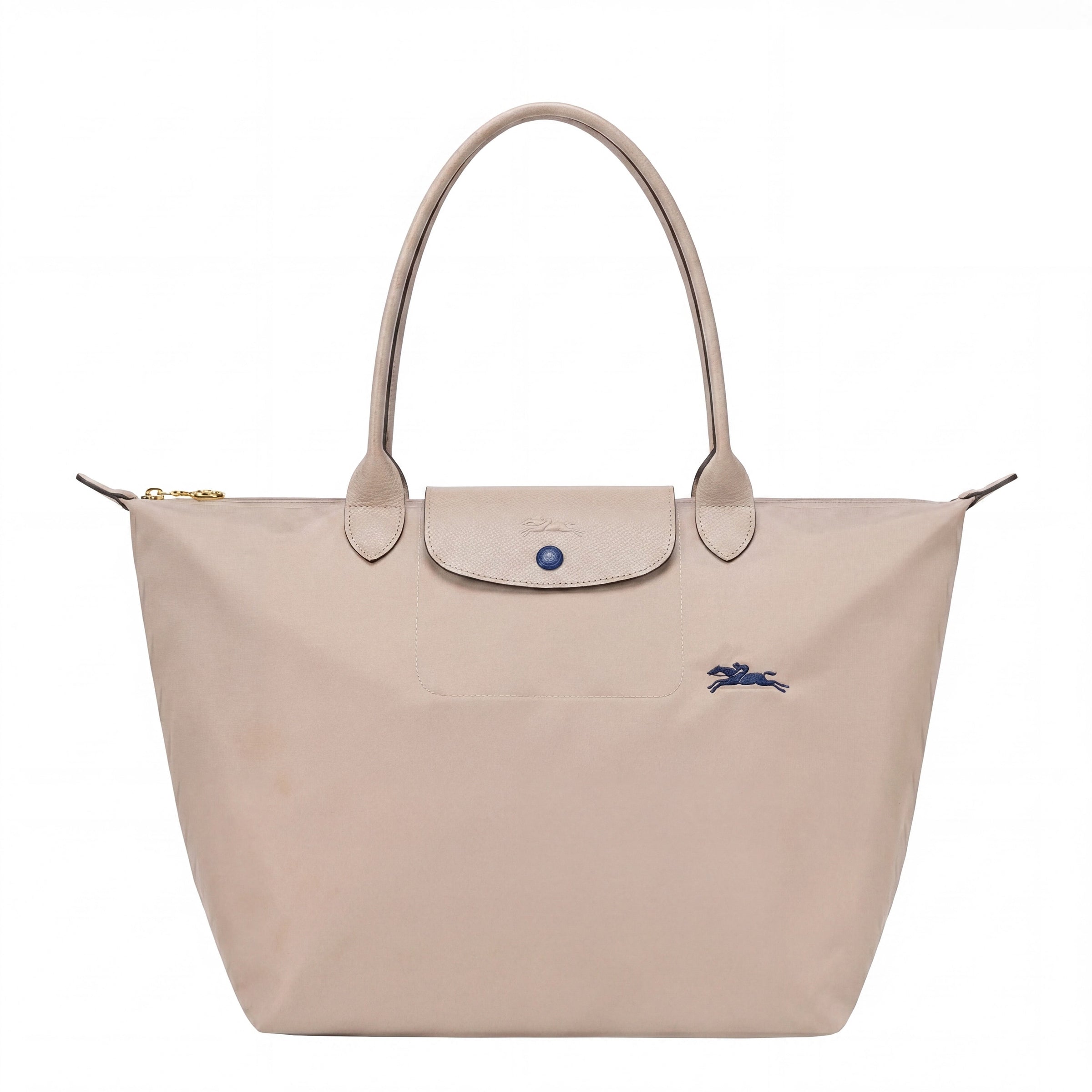 Cabas pliable en nylon à détails cuir Grand Sac Beige, vue de face – Valloro Paris
