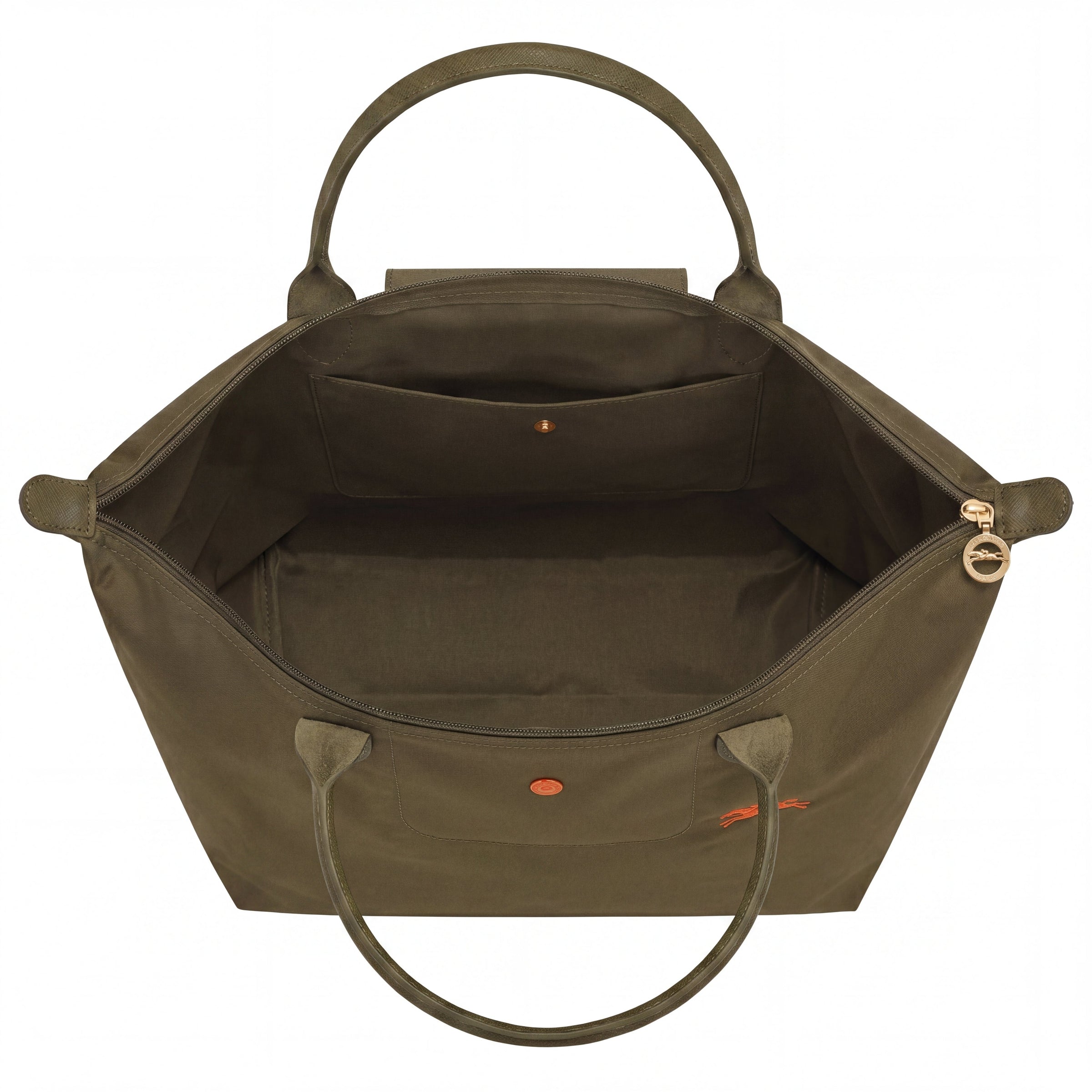 Cabas pliable en nylon à détails cuir Grand Sac Vert Kaki, détail des anses – Valloro Paris