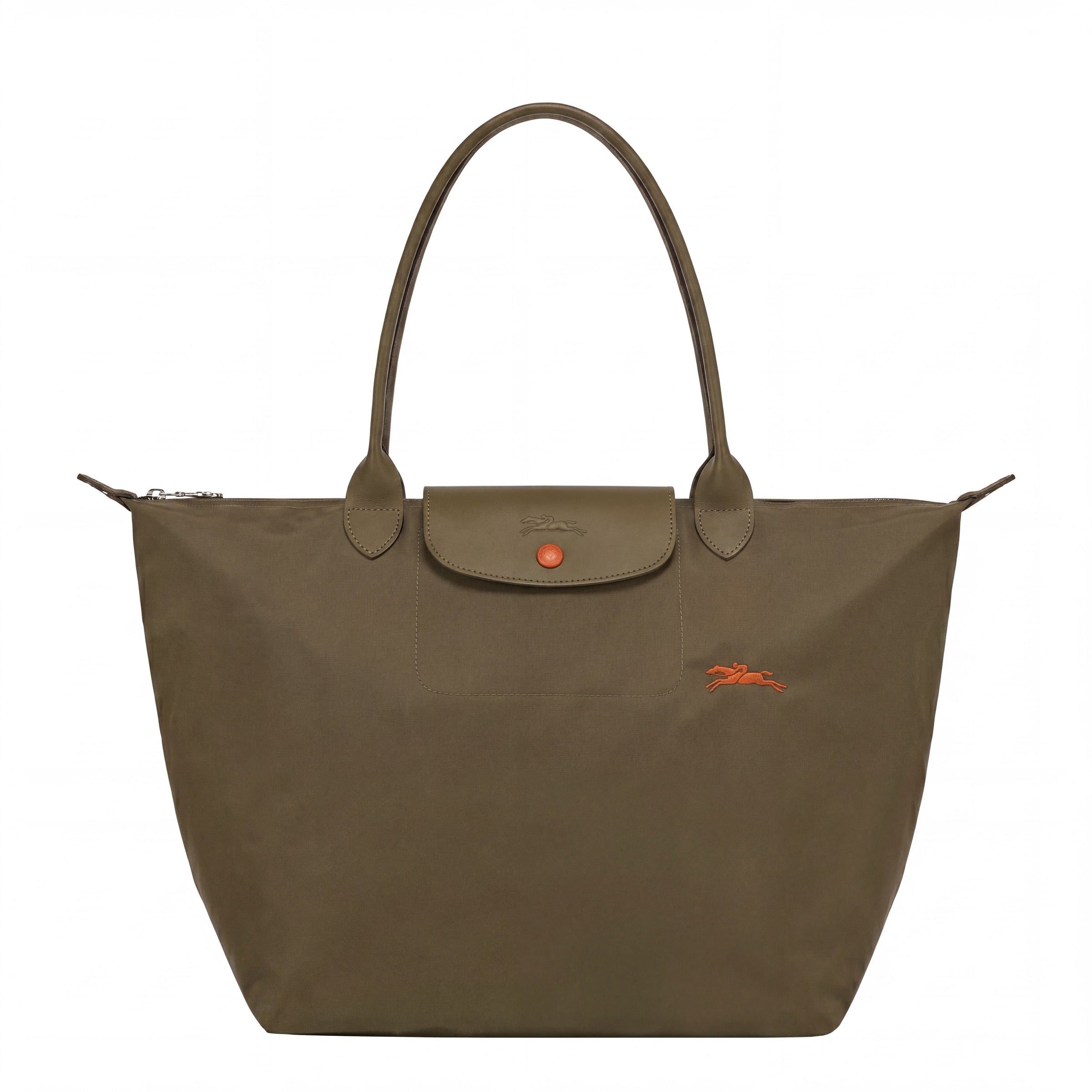 Cabas pliable en nylon à détails cuir Grand Sac Vert Kaki, vue de face – Valloro Paris
