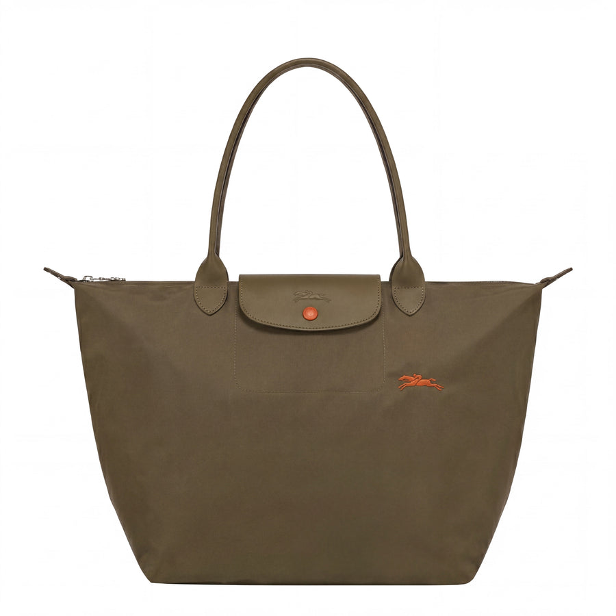 Cabas pliable en nylon à détails cuir Grand Sac Vert Kaki, vue de face – Valloro Paris