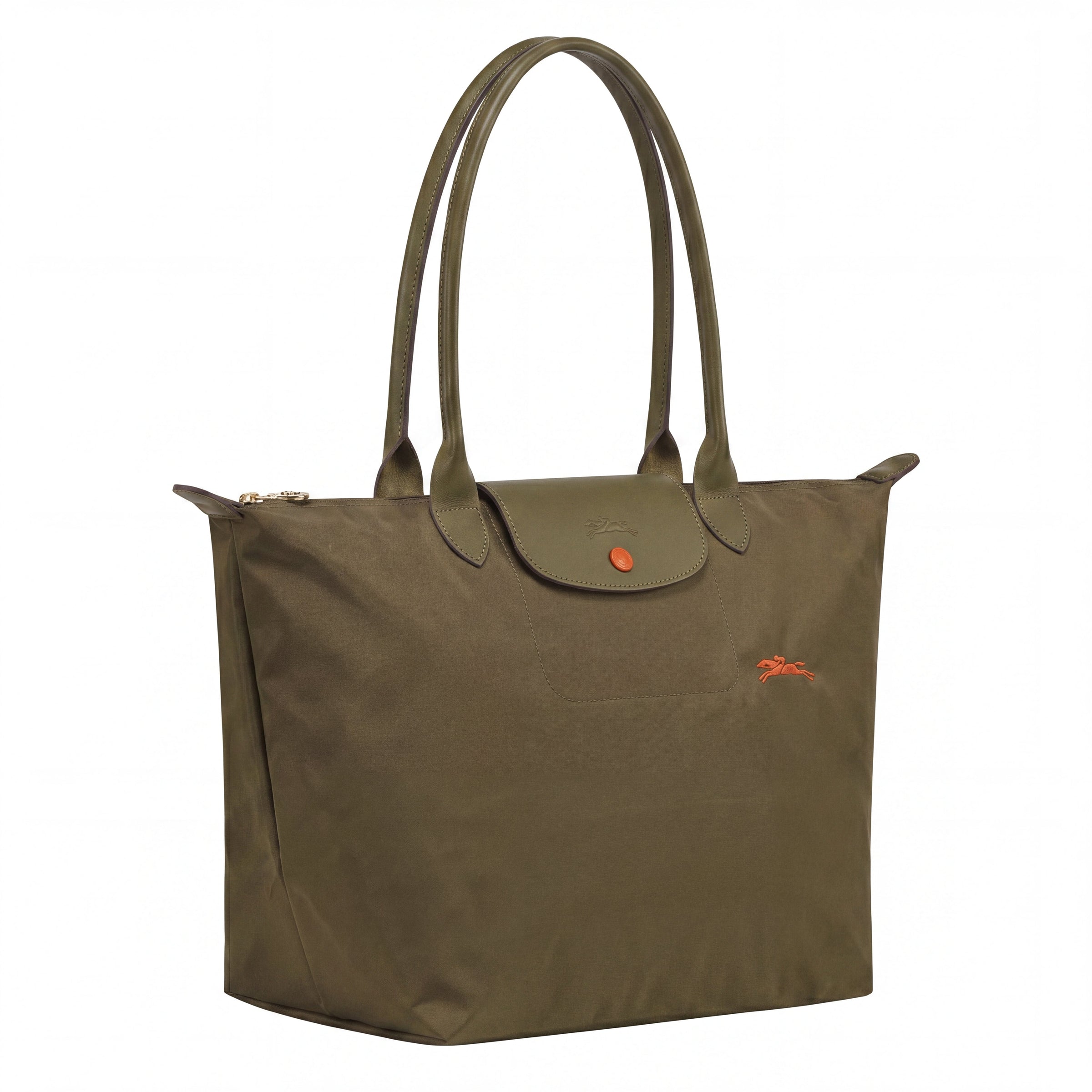 Cabas pliable en nylon à détails cuir Grand Sac Vert Kaki, vue de dos – Valloro Paris