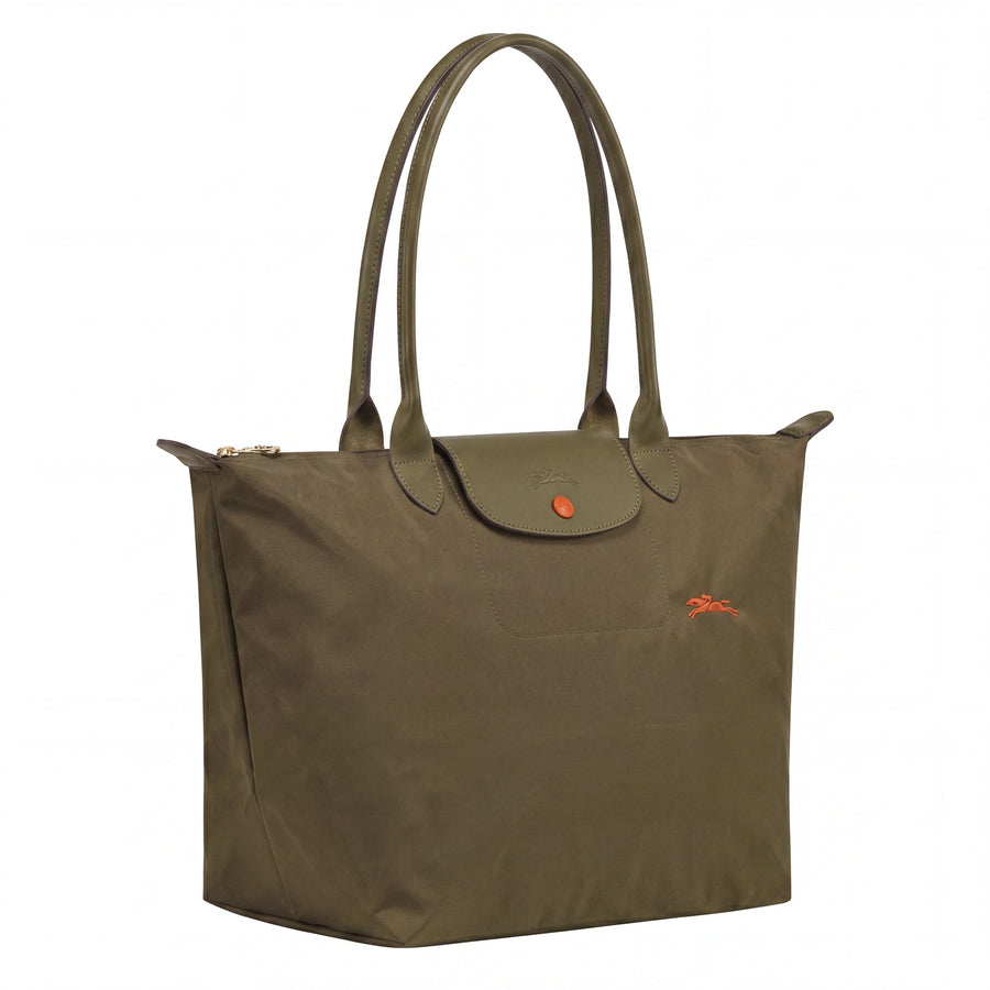 Cabas pliable en nylon à détails cuir Grand Sac Vert Kaki, vue de dos – Valloro Paris