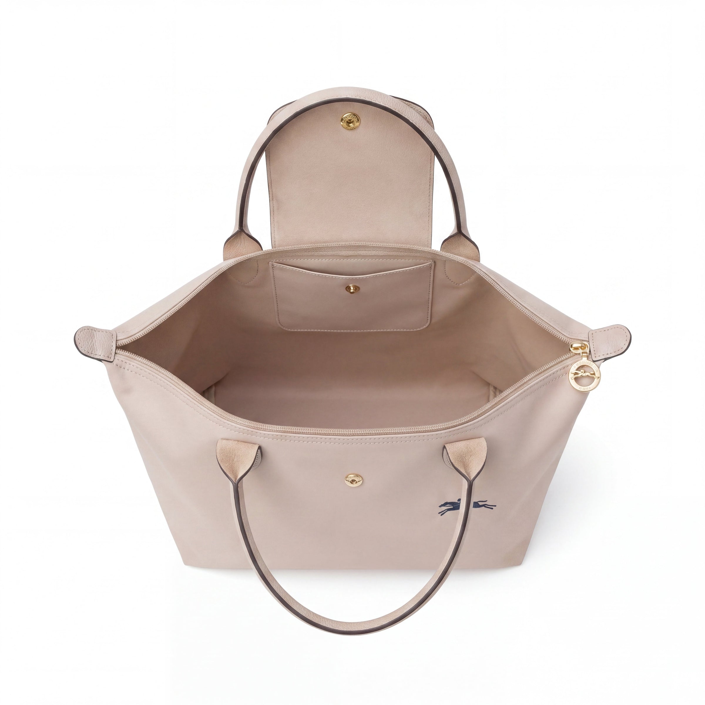 Cabas pliable en nylon à détails cuir Grand Sac Beige, détail des anses – Valloro Paris