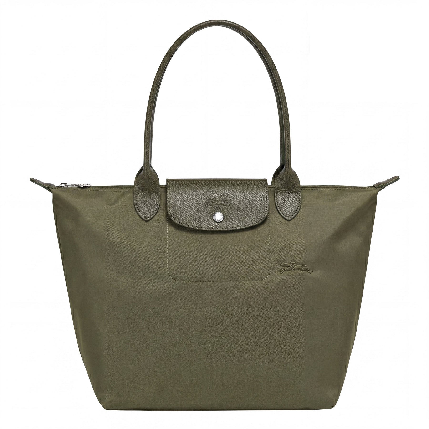 Cabas pliable en nylon à détails cuir Grand Sac Vert, vue de face – Valloro Paris