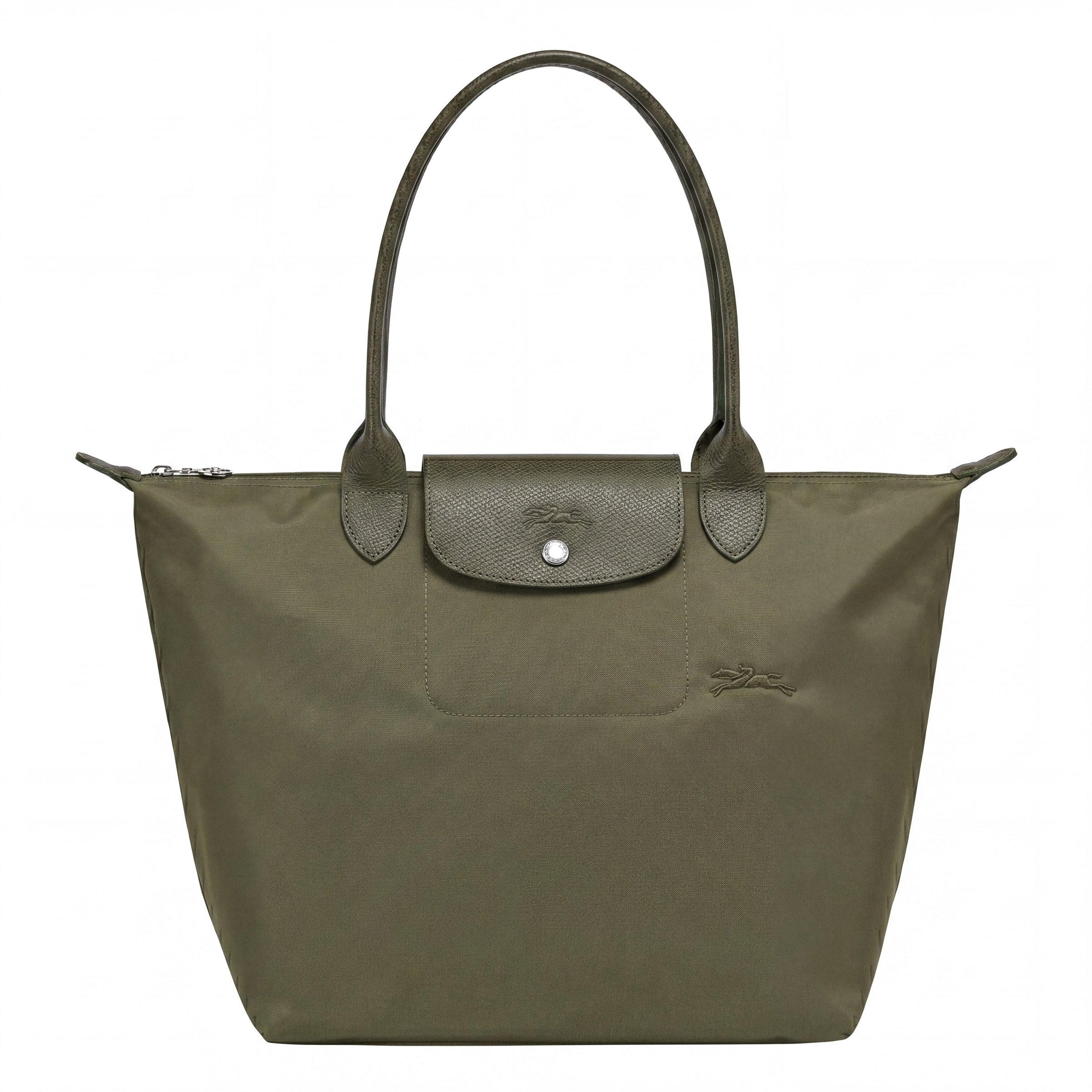 Cabas pliable en nylon à détails cuir Grand Sac Vert, vue de face – Valloro Paris