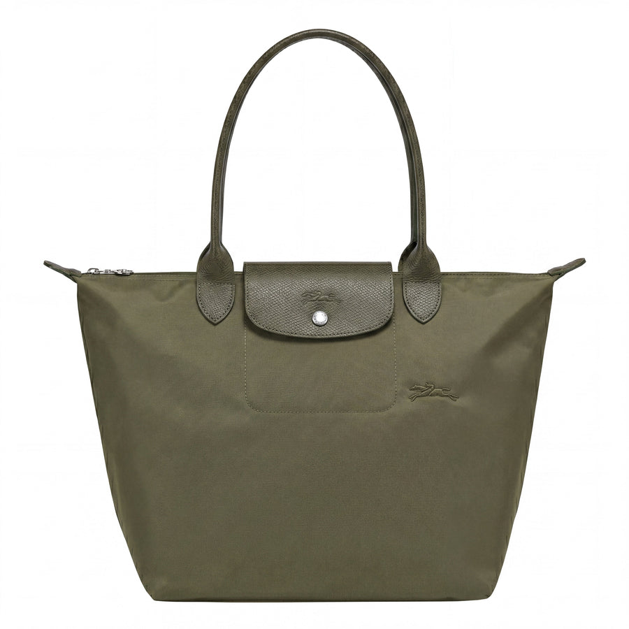 Cabas pliable en nylon à détails cuir Grand Sac Vert, vue de face – Valloro Paris