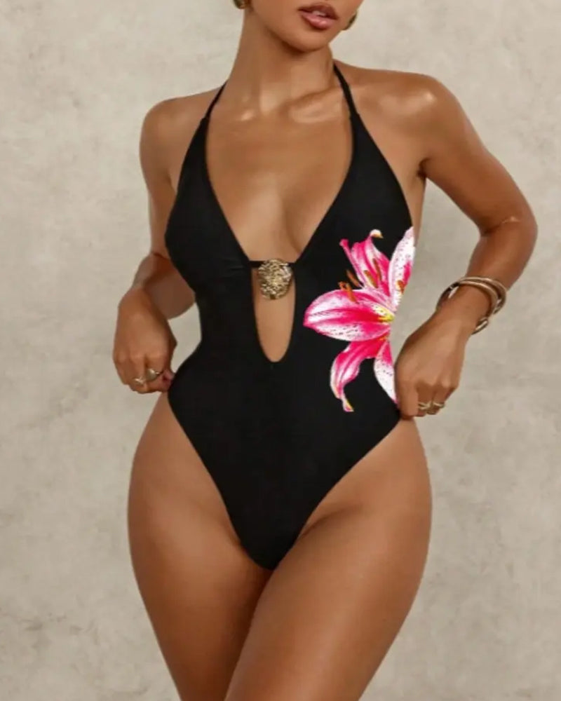 Maillot de bain une pièce fleuri à dos nu Flavie, vue de face – Valloro Paris