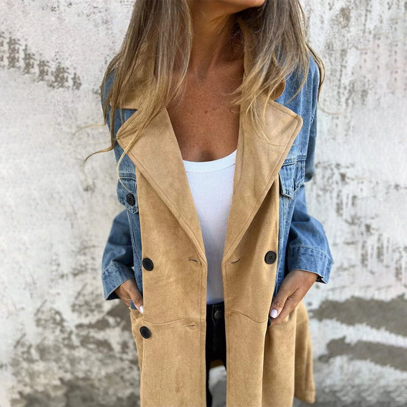 Élise | Trench-coat Mi-long à Détails en Denim