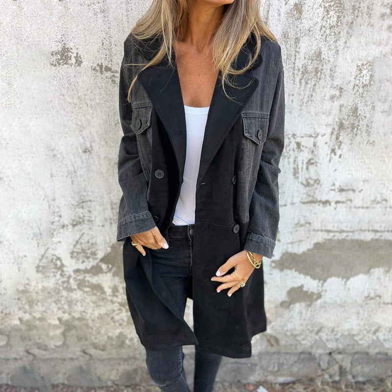 Élise | Trench-coat Mi-long à Détails en Denim