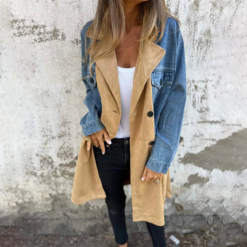 Élise | Trench-coat Mi-long à Détails en Denim