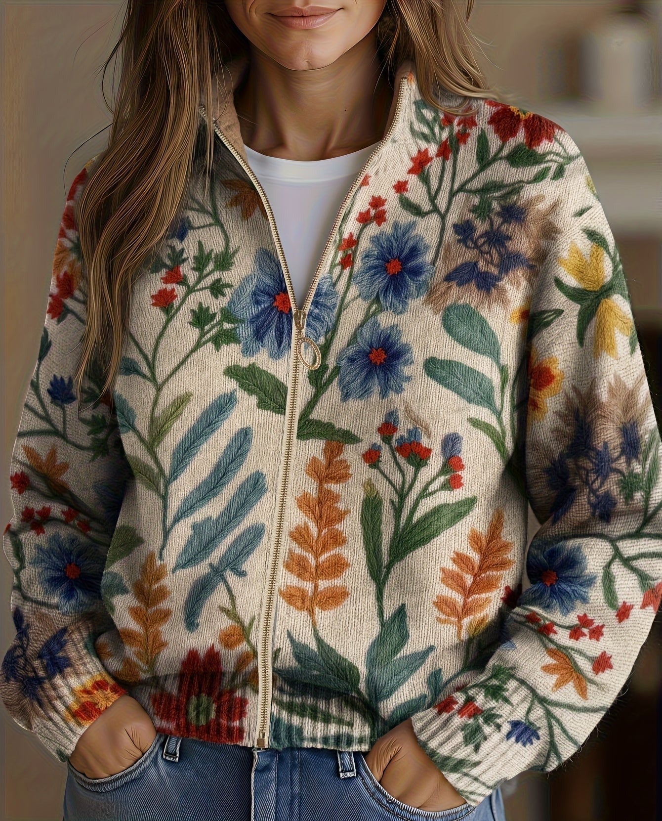 Tabitha™ | Cardigan zippé à imprimé floral botanique