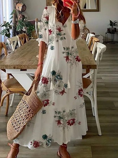 Robe midi bohème et décontractée Luna, gros plan sur la coupe – Valloro Paris