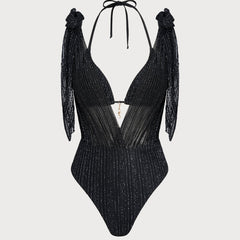 Bikini triangle noir à nouer au cou Apolline, détail du motif – Valloro Paris