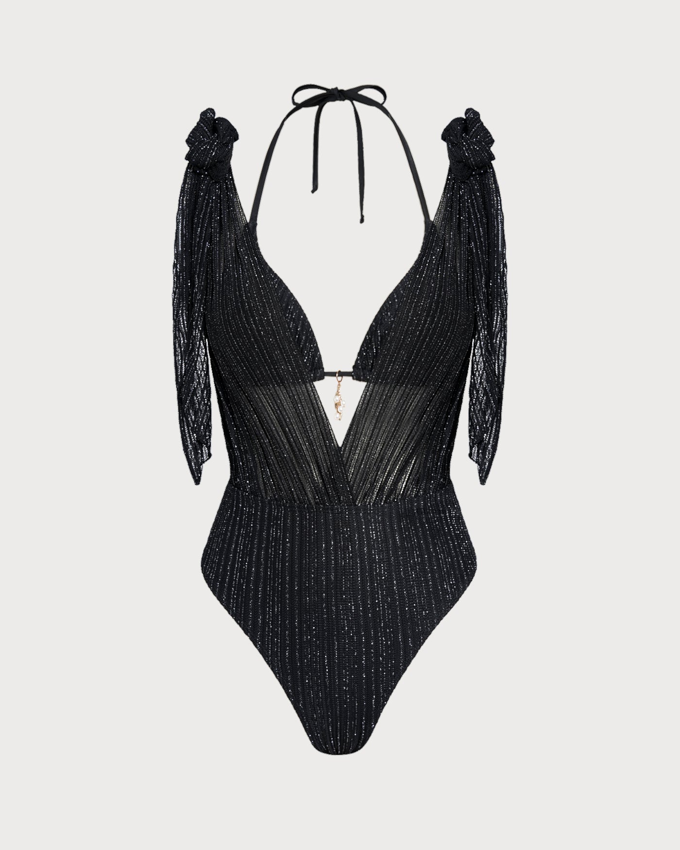 Bikini triangle noir à nouer au cou Apolline, détail du motif – Valloro Paris