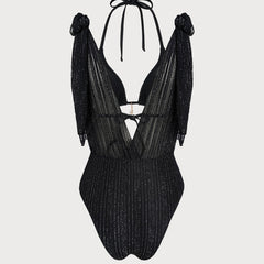 Bikini triangle noir à nouer au cou Apolline, vue complète du modèle – Valloro Paris