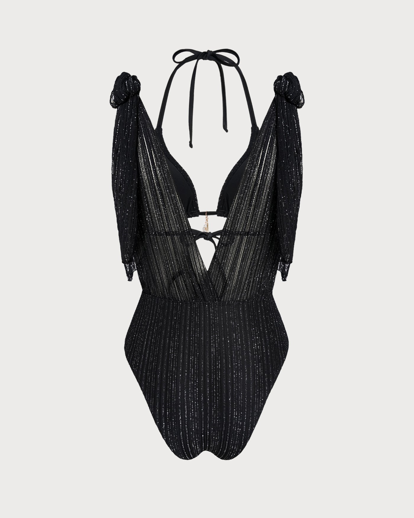 Bikini triangle noir à nouer au cou Apolline, vue complète du modèle – Valloro Paris