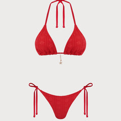 Bikini rouge en jacquard à nouer au cou Garance, vue de dos – Valloro Paris