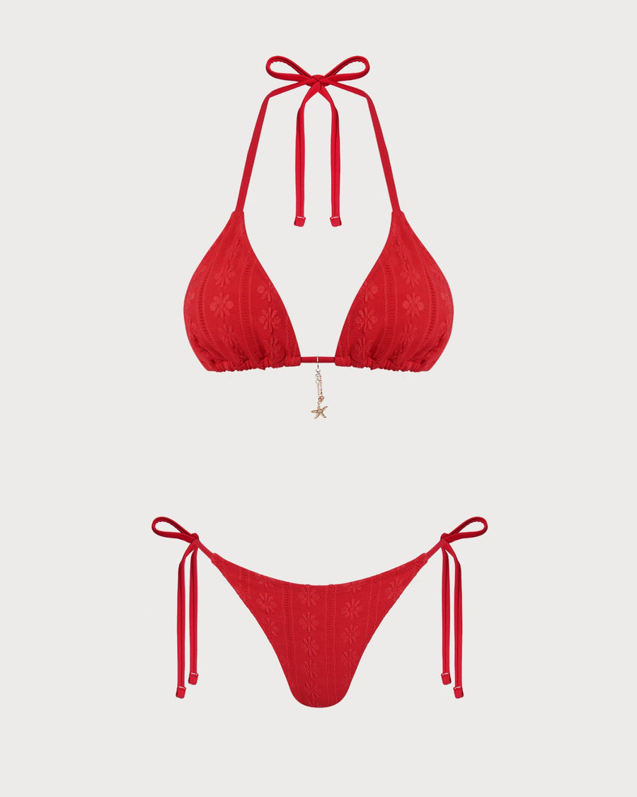 Bikini rouge en jacquard à nouer au cou Garance, vue de dos – Valloro Paris