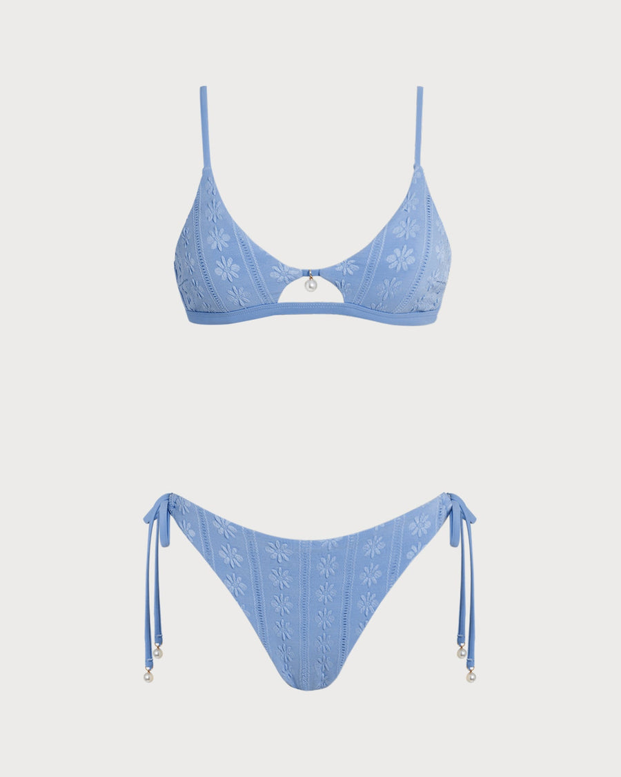 Bikini triangle bleu à imprimé floral Violette, vue de dos – Valloro Paris