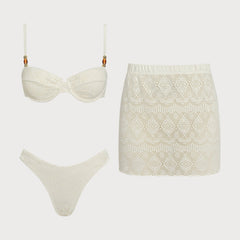Ensemble bikini trois pièces blanc texturé Blanche, vue rapprochée – Valloro Paris