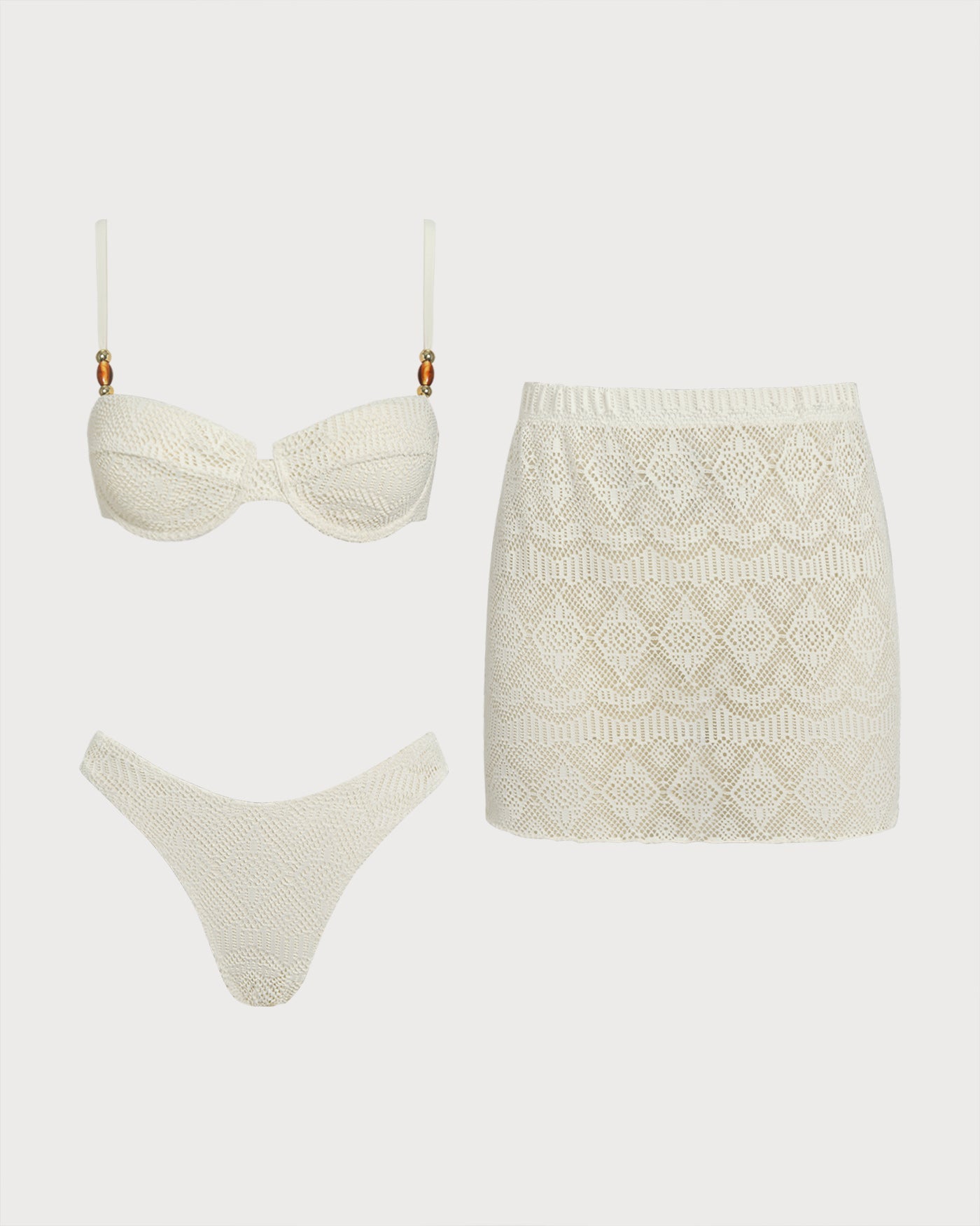 Ensemble bikini trois pièces blanc texturé Blanche, vue rapprochée – Valloro Paris