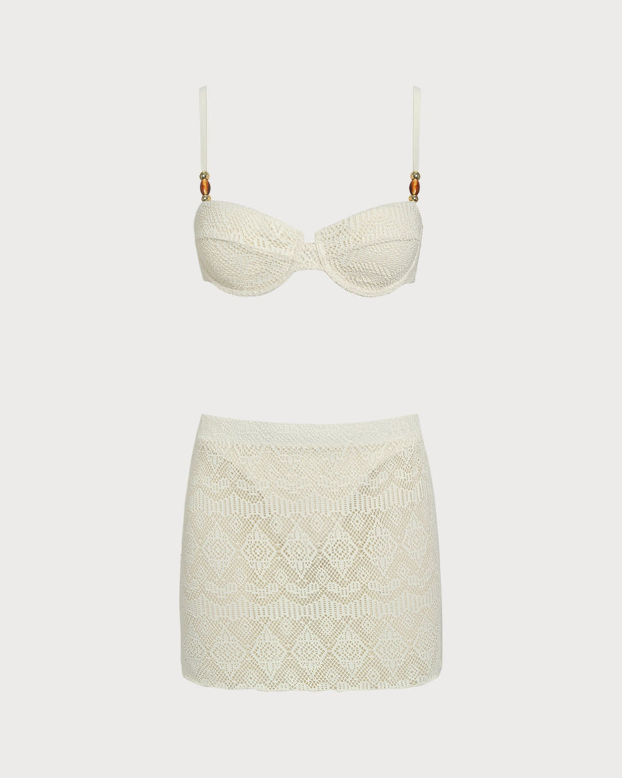 Ensemble bikini trois pièces blanc texturé Blanche, vue de dos – Valloro Paris