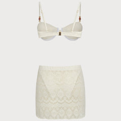 Ensemble bikini trois pièces blanc texturé Blanche, détail des finitions – Valloro Paris