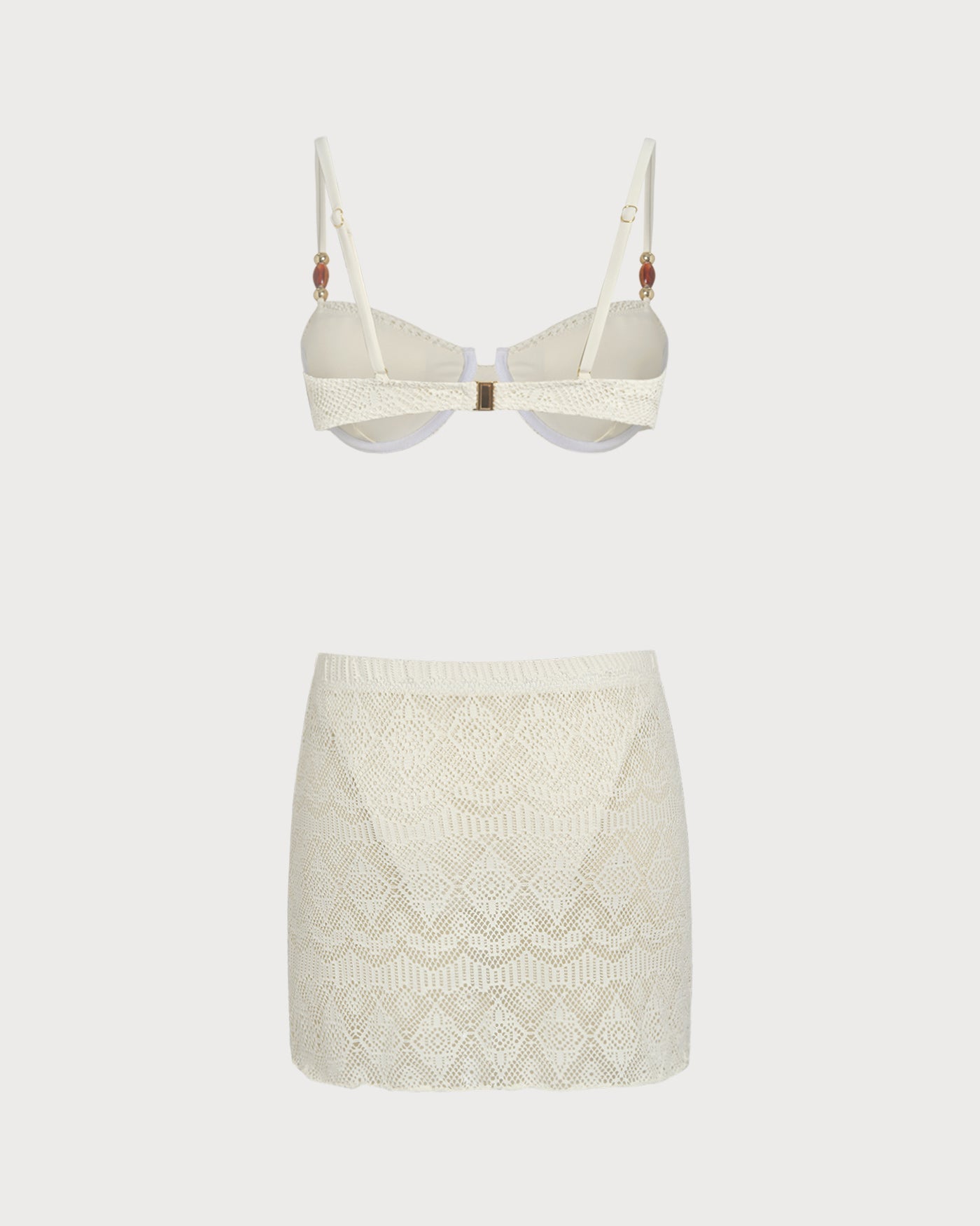 Ensemble bikini trois pièces blanc texturé Blanche, détail des finitions – Valloro Paris