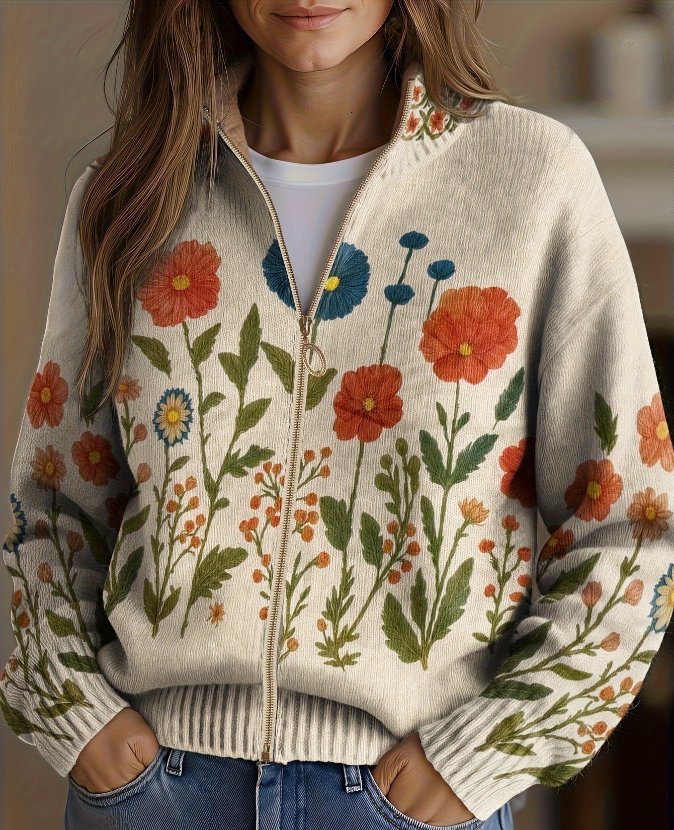 Wrenna™ | Cardigan zippé à fleurs des champs