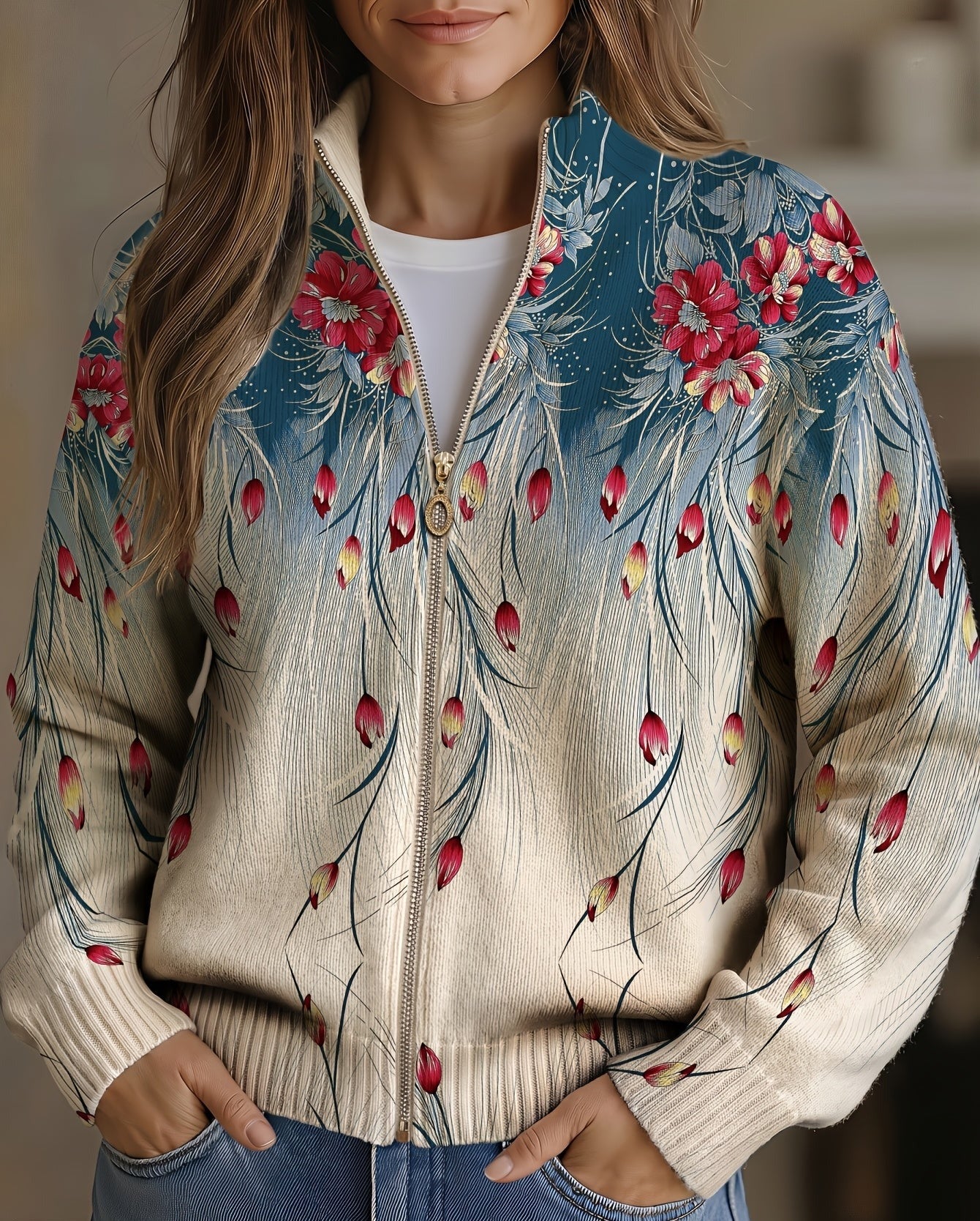 Zillah™ | Cardigan à dégradé floral et plumes de paon